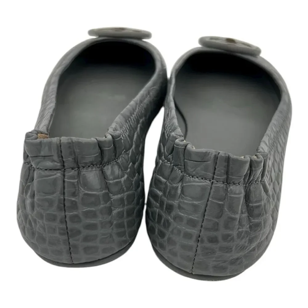 Tory Burch Women's Leather Croc Embossed Minnie Travel Ballet Flats Gray Sz 5.5